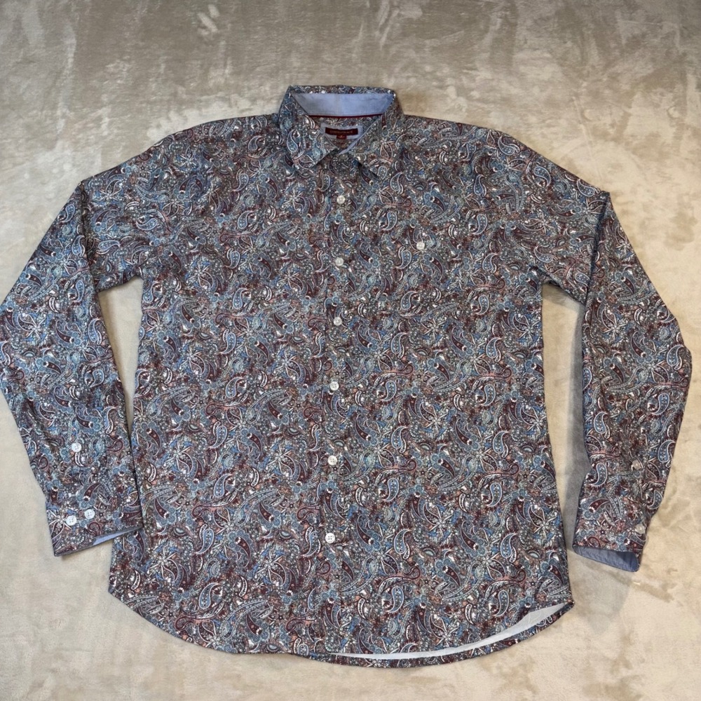 Consequence Mens Paisley Button Down Shirt Brown Blue Cream B-101821T-MN Medium